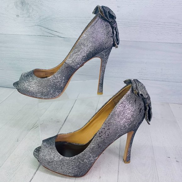 Badgley Mischka Sliver Peep Toe Bow Back Slip On Evening Party Dress Shoes Sz 8 - Picture 4 of 10